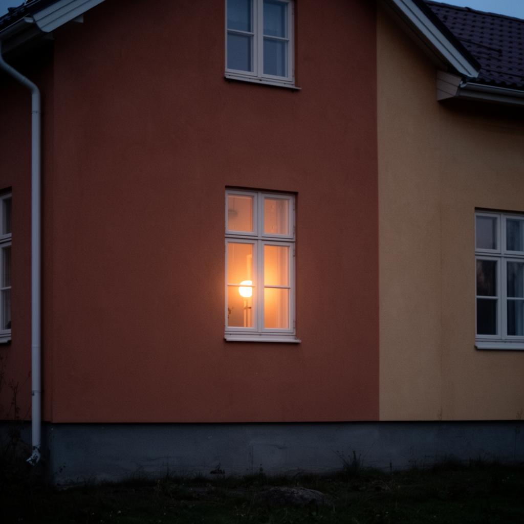 Ett upplyst fönster i skymningen